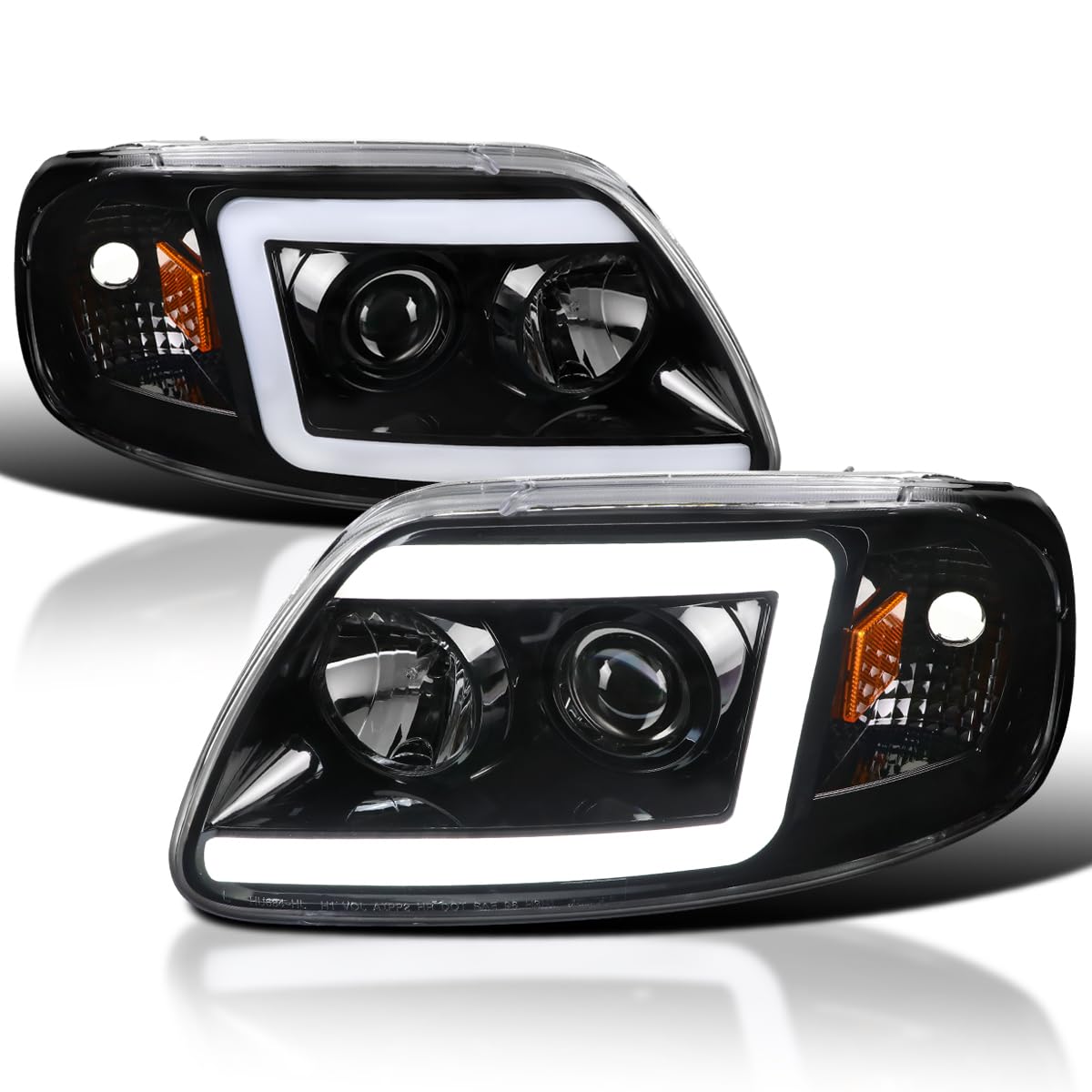 Jet Black SPEC-D TUNING Projector Headlights w/LED Light Bar Compatible with 1997-2003 Ford F-150, 2004 Ford F-150 Heritage, Left + Right Pair Headlamps Assembly