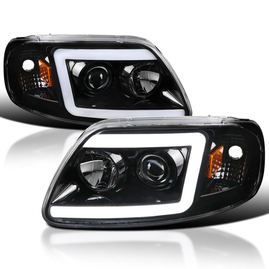 Jet Black SPEC-D TUNING Projector Headlights w/LED Light Bar Compatible with 1997-2003 Ford F-150, 2004 Ford F-150 Heritage, Left + Right Pair Headlamps Assembly