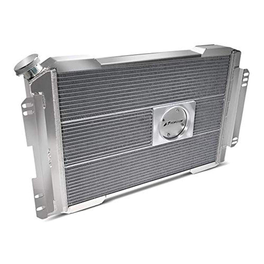Slim-Fit PFM Radiator, Direct Fit Series, 28-7/64 in W x 18-1/2 in H x 4 in D, Single Pass, Driver Side Inlet, Passenger Side Outlet, Aluminum, Natural, Automatic Transmission, GM F-Body 1967-69, Each