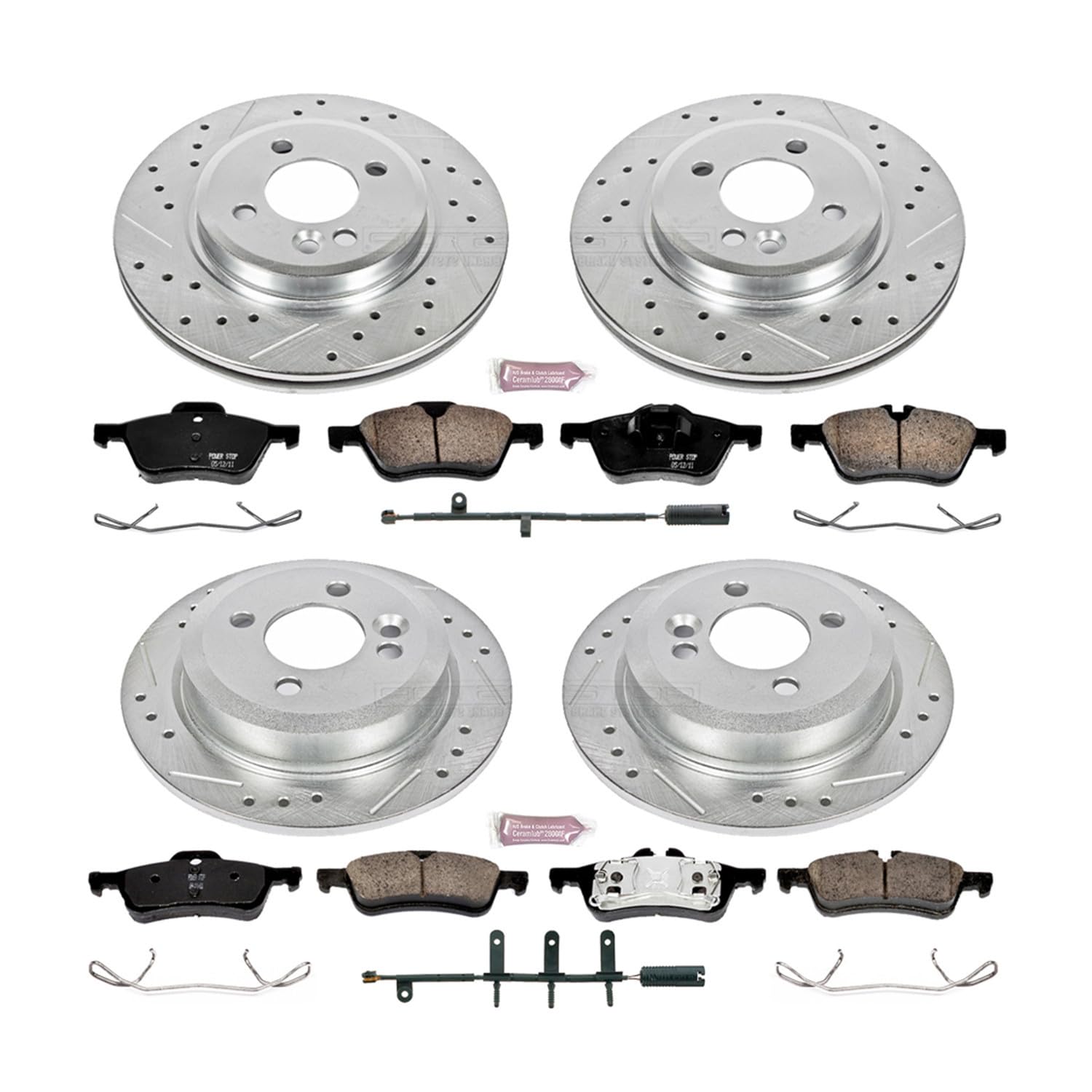 Power Stop K5725 Z23 Carbon Fiber Brake Pads Front and Rear with Drilled & Slotted Brake Rotors Kit and 1 Front & 1 Rear Sensor Wires For Mini Cooper 2002-2006 [Model Specific]