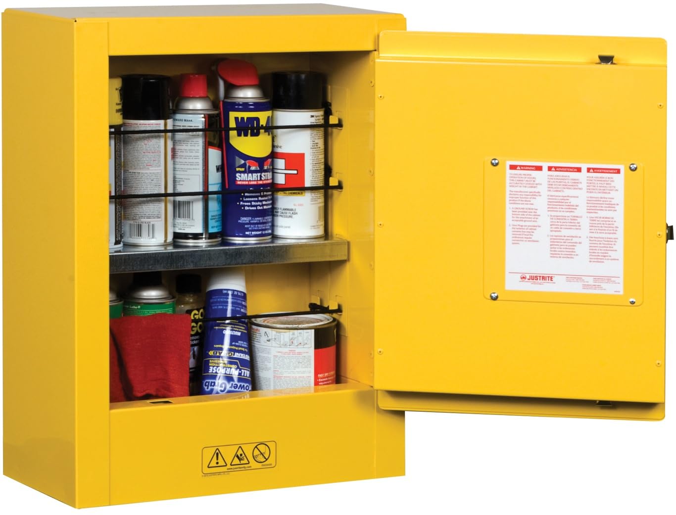 Justrite 2 Gallon Countertop Manual Close Flammable Storage Cabinet, 18 Gauge Steel, 1 Shelf, 1 Door Fire Cabinet, 22" x 17" x 8, Made in The USA, Yellow, 890200