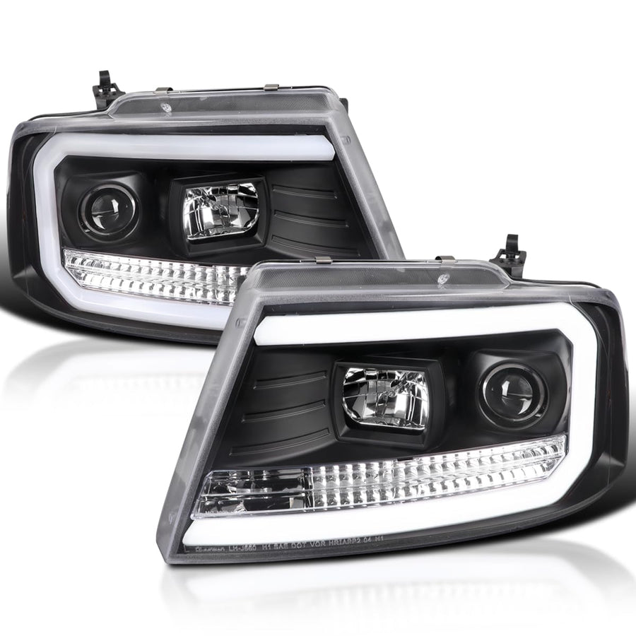 Black LED Tube Projector Headlights SPEC-D TUNING Compatible with 2004-2008 Ford F-150, 2006-2008 Lincoln Mark LT, Left + Right Pair Headlamps Assembly