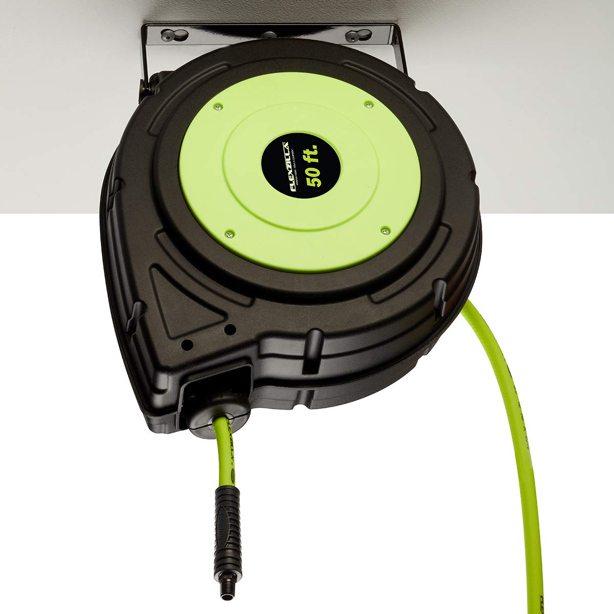 Flexzilla Enclosed Retractable Plastic Air Hose Reel, 3/8 in. x 50 ft., Heavy Duty, Lightweight, Hybrid, ZillaGreen - L8250FZ