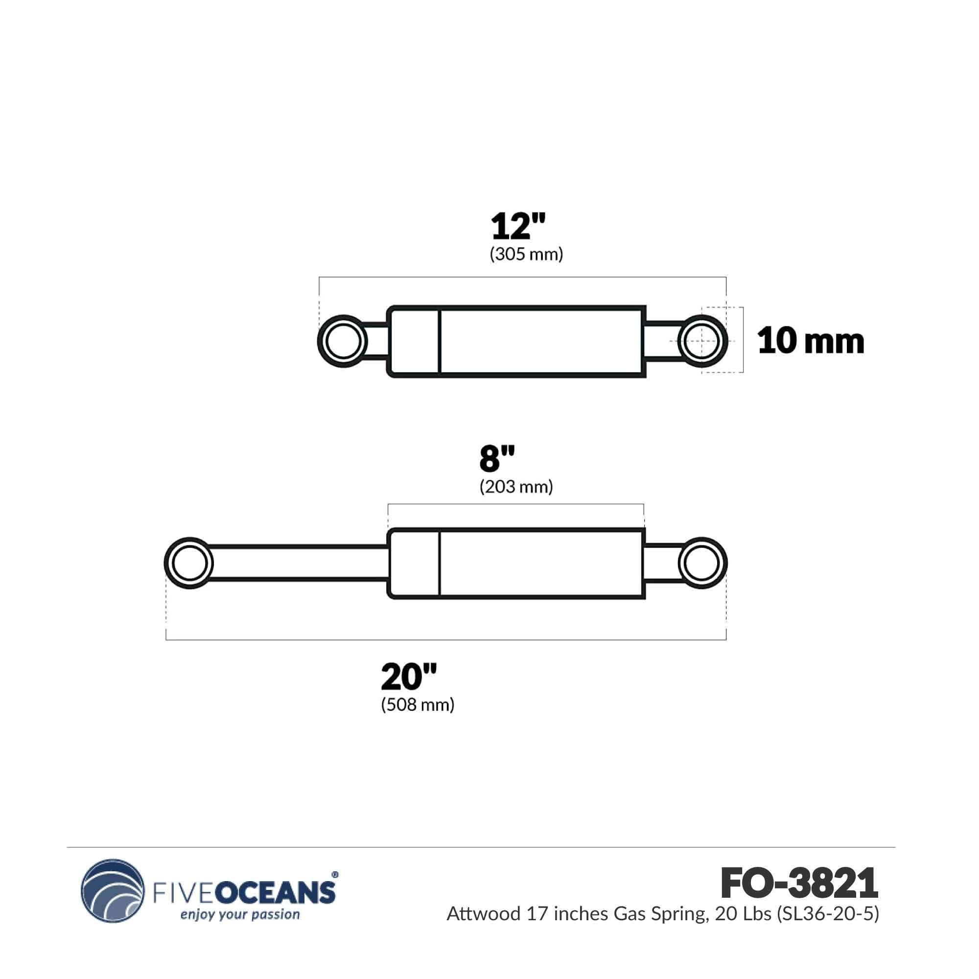 Gas Spring Lift Standard Output Force: 20 lbs, Size: 0.81" H x 2.12" W x 22.5" D, Extended Length: 17.2"