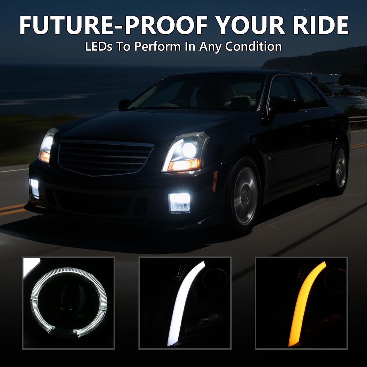 Halo Projector Headlights SPEC-D TUNING Black w/Switchback LED Signal Tube Compatible with 2003-2007 Cadillac CTS, Left + Right Pair Headlamps Assembly