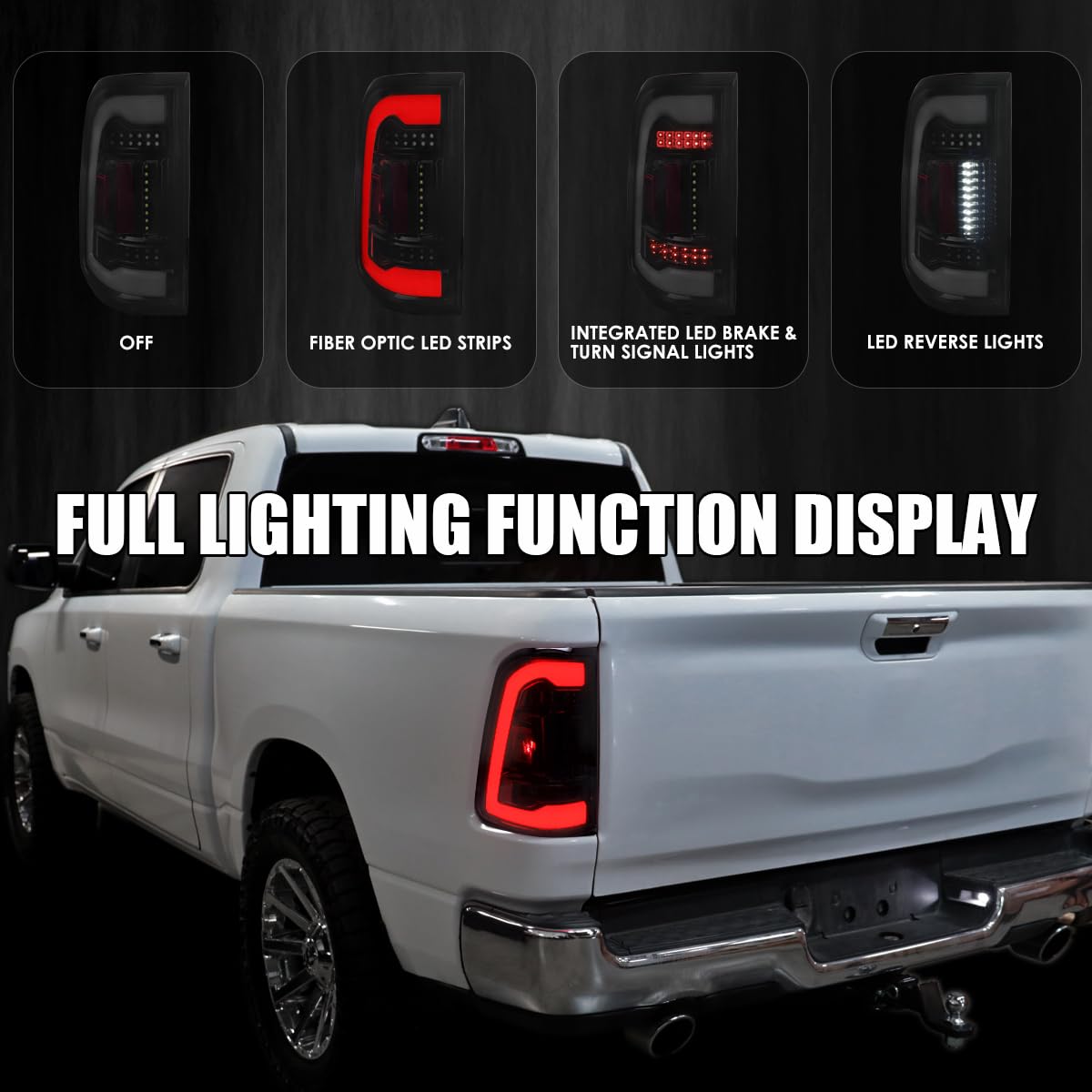 Glossy Black Smoke SPEC-D TUNING Full LED Tail Lights w/White LED Light Bar Compatible with 2019-2023 Ram 1500, Left + Right Pair Assembly
