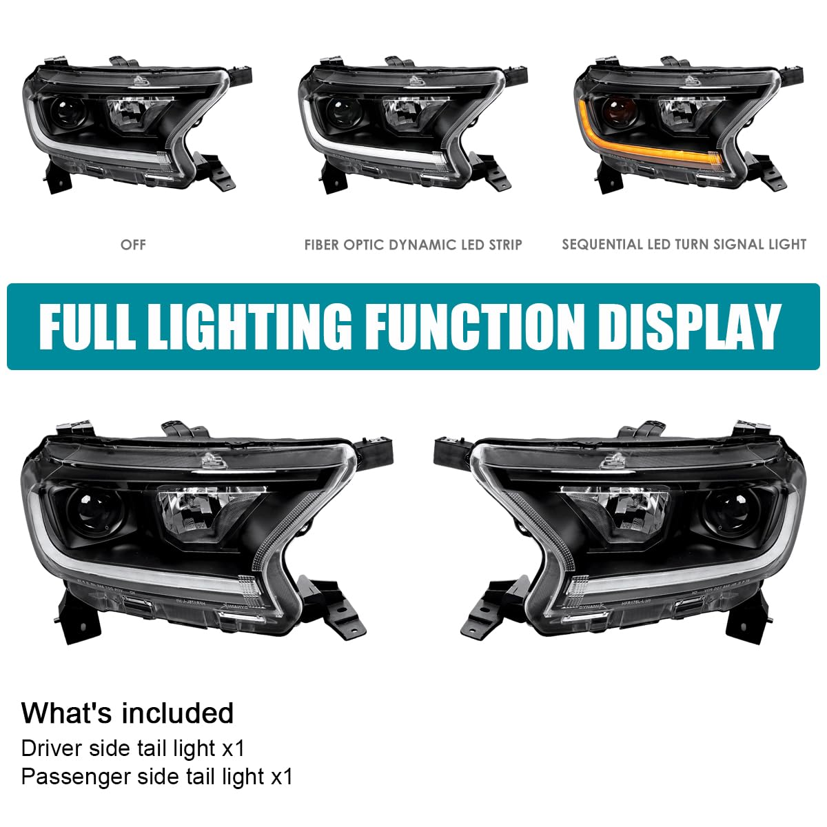 Black Sequential Projector Headlights SPEC-D TUNING Compatible with 2019-2022 Ford Ranger XL/XLT, Left + Right Pair Headlamps Assembly
