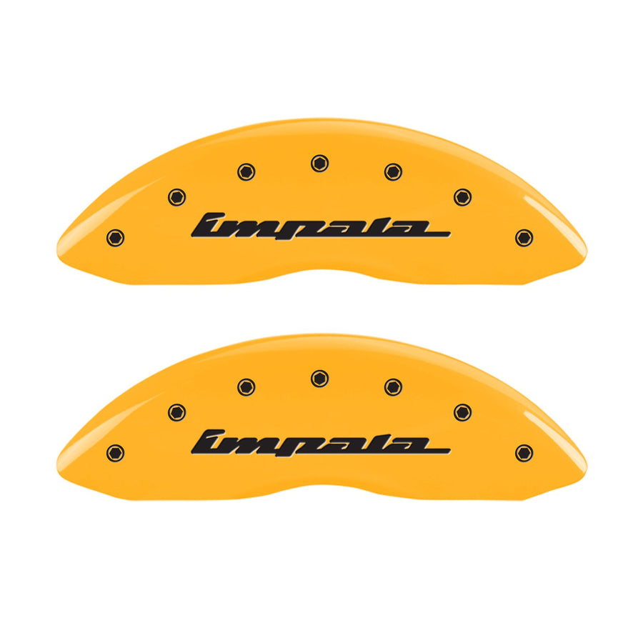 Caliper Covers MGP 14006SIMPYL, Set of 4 (Yellow Engraved Front and Rear: Impala Powder Coat Finish Black Characters)