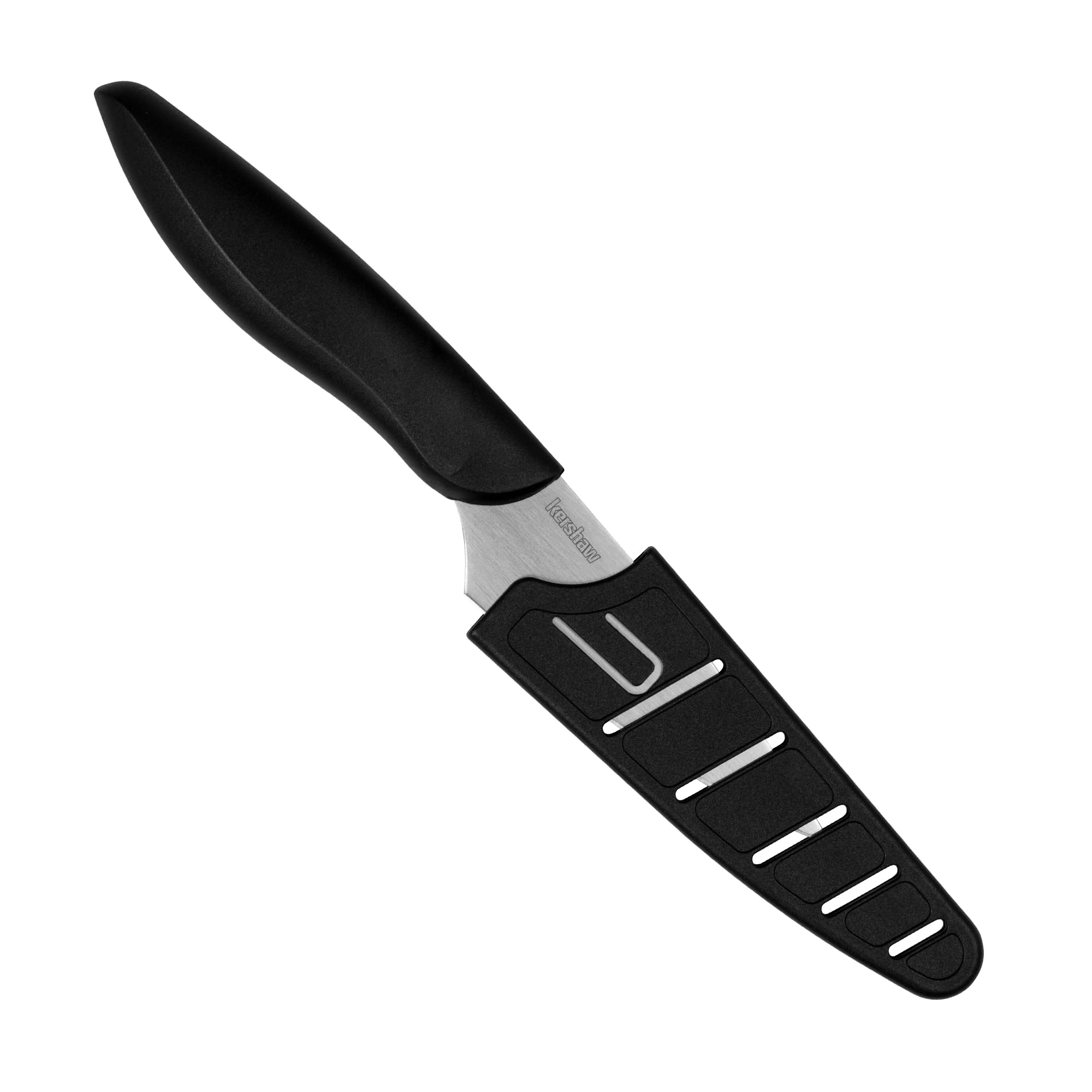 3.5” Kershaw Paring Kitchen Knife, Black Design, 3.5 Inch Stainless Steel Plain Edge Blade, Polypropylene Handle, Includes Sheath, Paring Knife for Herbs, Fruit, Vegetables and More