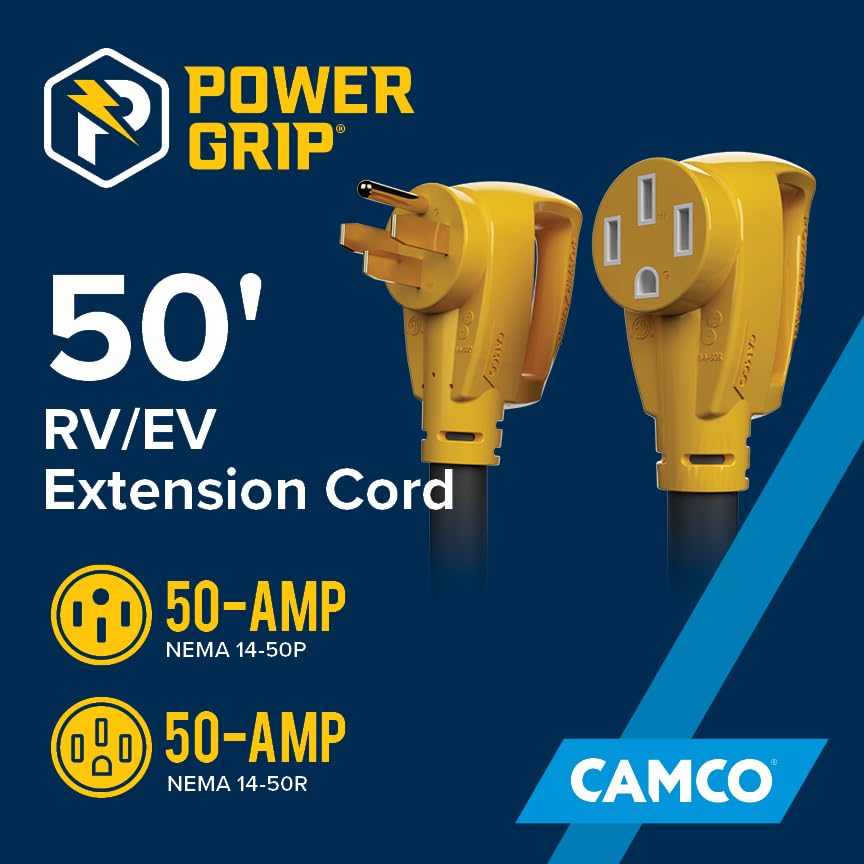 50-Ft Camco Power Grip 50 Amp RV Extension Cord - Rated for 125/250 V/12,500 W - Features Copper 6/3 + 8/1-Gauge Wires for Superior Conductivity & Coated w/Heat-Resilient PVC (55199)