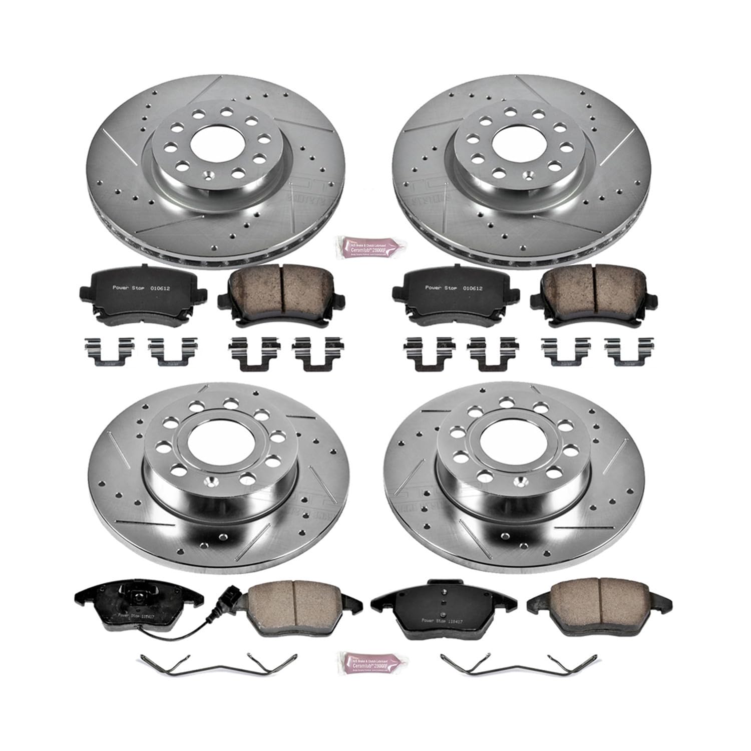 Power Stop K5363 Z23 Carbon Fiber Brake Pads Front and Rear with Drilled & Slotted Brake Rotors Kit For Audi A3 2008, Volkswagen Jetta 2006-2010 [Model Specific]