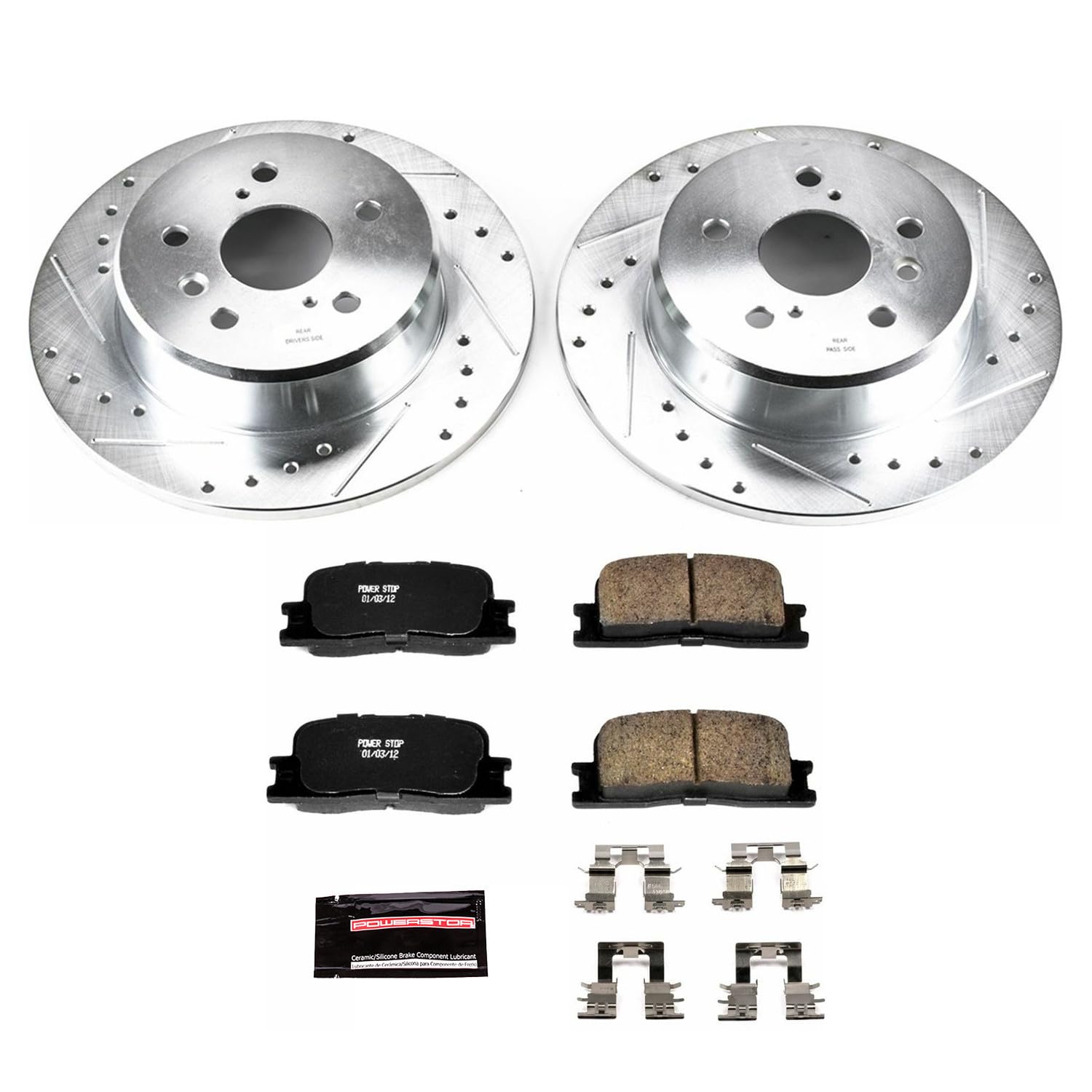Rear Power Stop K1148 Z23 Carbon Fiber Brake Pads with Drilled & Slotted Brake Rotors Kit For Toyota Highlander 2001-2003 [Model Specific]