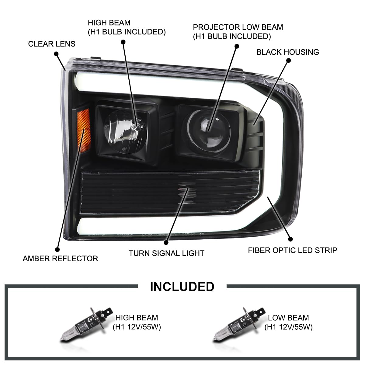 Black SPEC-D TUNING Projector Headlights w/LED Tube Compatible with 1999-2004 Ford F-250, F-350, F-450 SuperDuty, Left + Right Pair Headlamps Assembly