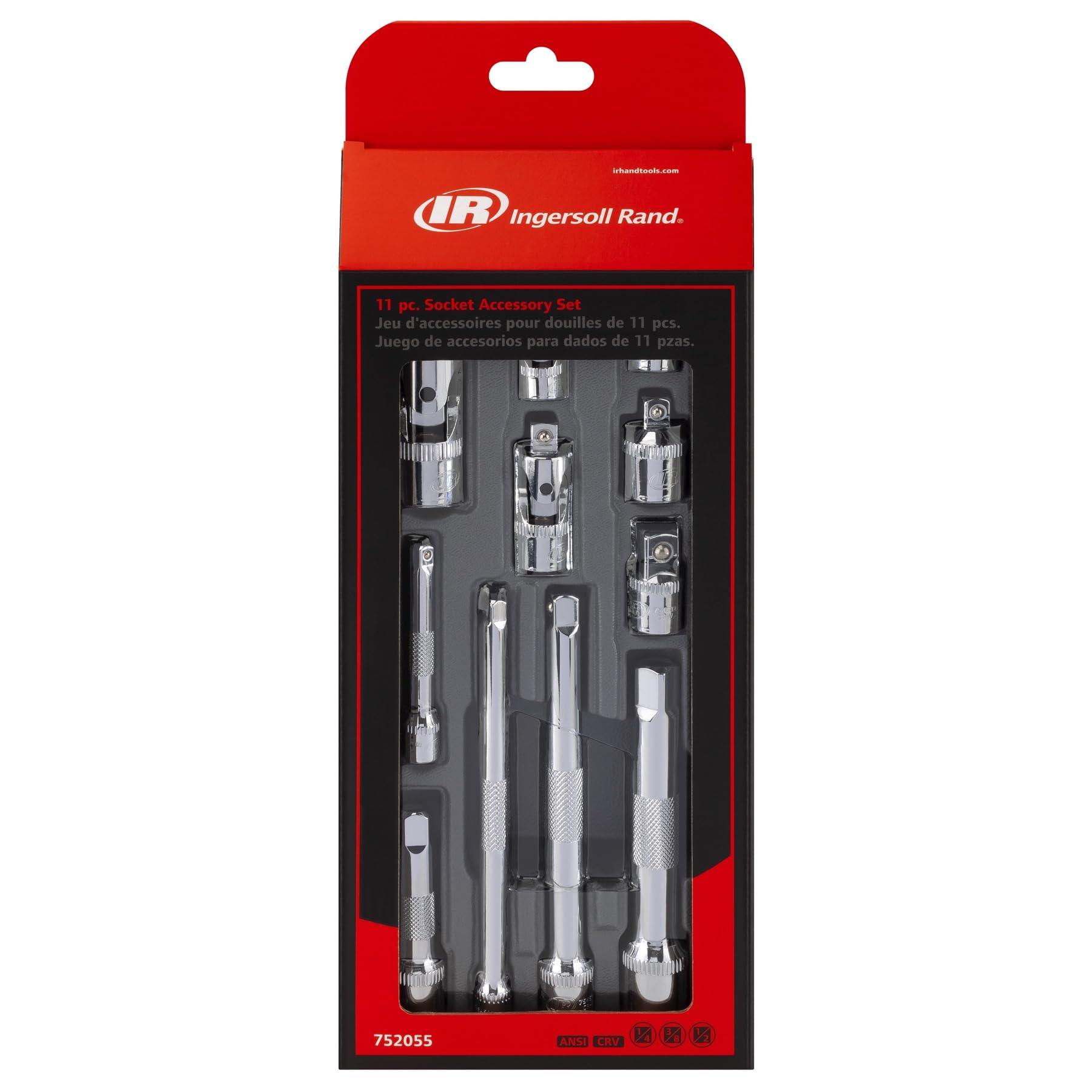 Ingersoll Rand 11-Piece Accessory Socket Set, Chrome Vanadium Steel, Includes U-Joints, Adapters & Extensions in 1/4", 3/8", 1/2" Drive, with Thermoform Organizer Tray – 752055X