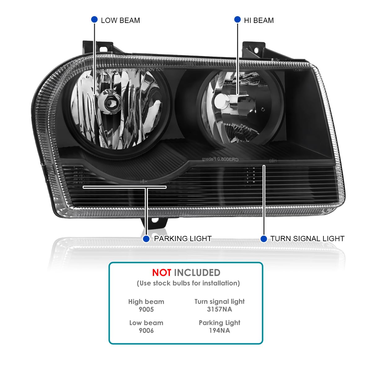 Black Headlights SPEC-D TUNING Compatible with 2005-2010 Chrysler 300, Left + Right Pair Headlamp Assembly