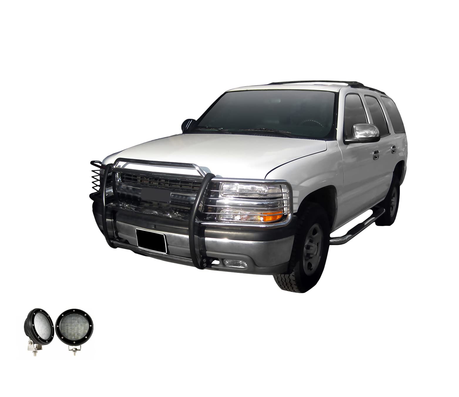 Bumper Guard Black Horse Grille Brush Modular S/S Come with Pair of 5.3" LED Lights Compatible with 1999-2002 Silverado 1500|2000-2006 Suburban 1500/Tahoe/Yukon/Yukon XL 1500-17GT23MSS-PLFB