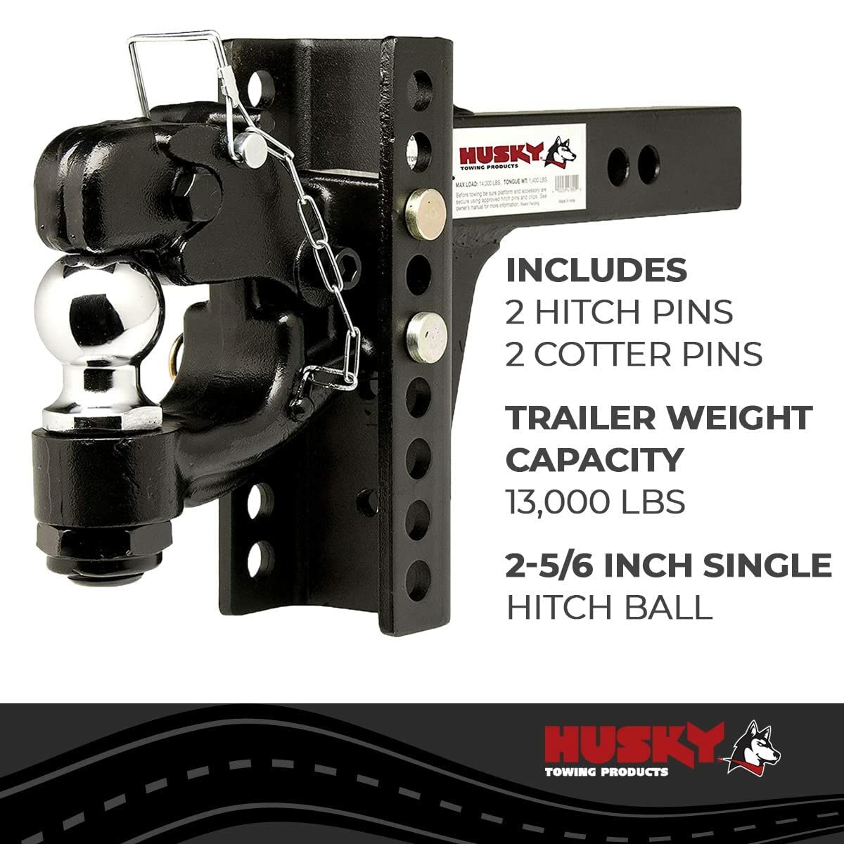 Pintle Hook Husky Towing 33110 with 2-5/16 Inch Ball 2 Inch Receiver Mount 13,000 lbs Hook Capacity Black Powder Coated Steel Solid Shank