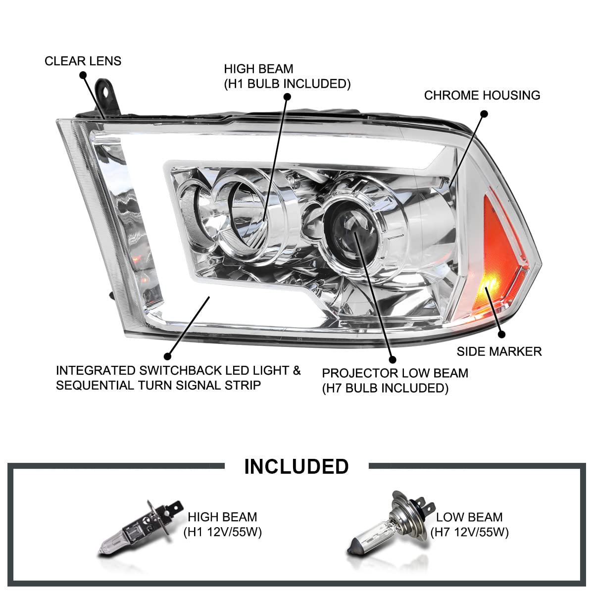 Chrome Projector Headlights SPEC-D TUNING w/Sequential Switchback LED Signal Compatible with 2009-18 Dodge RAM 1500/2500/3500, 2019-24 Dodge RAM 1500 Left + Right Pair Headlamps Assembly