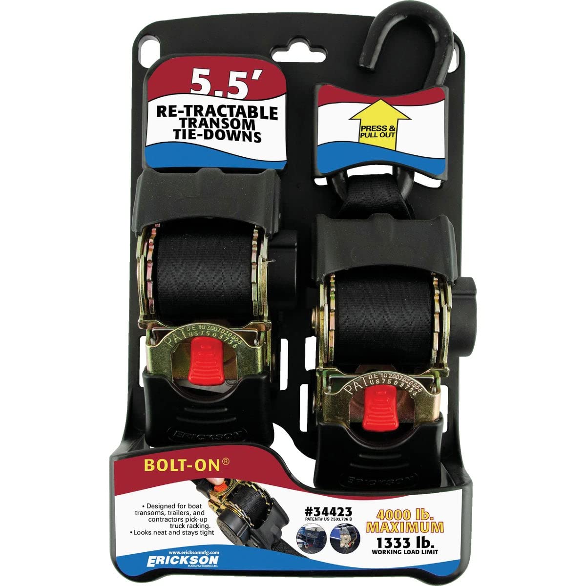 Pro Series Erickson 34423 2" x 5.5' Bolt-On Retractable Ratcheting Tie-Down Strap, (Pack of 2)