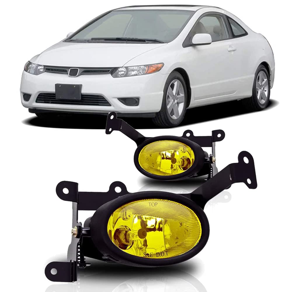 Fog Lights Winjet Compatible With 2006-2008 Honda Civic | Polycarbonate Resin Yellow With Wiring Kit Foglight Foglamp Lamps Halogen | 2007