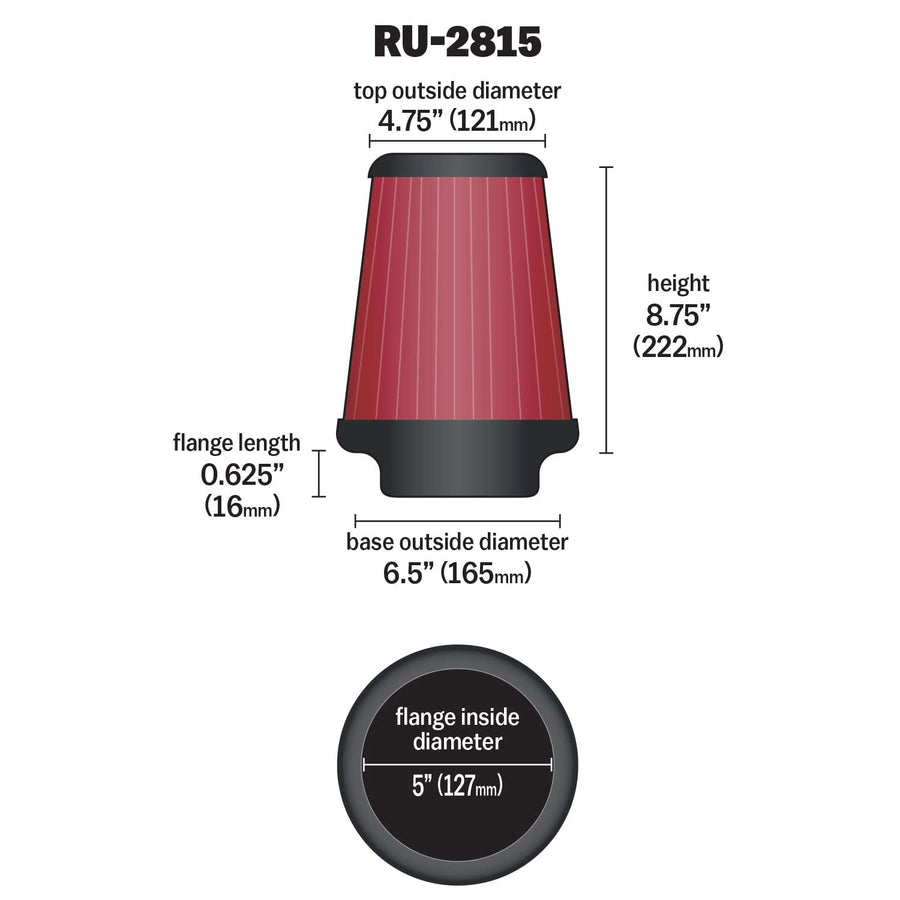 High-Flow K&N Original Lifetime Universal Clamp-On Air Filter: High Performance, Premium, Washable Flange Diameter: 5 In, Filter Height: 8.75 In, Flange Length: 1 In, Shape: Round Tapered, RU-2815