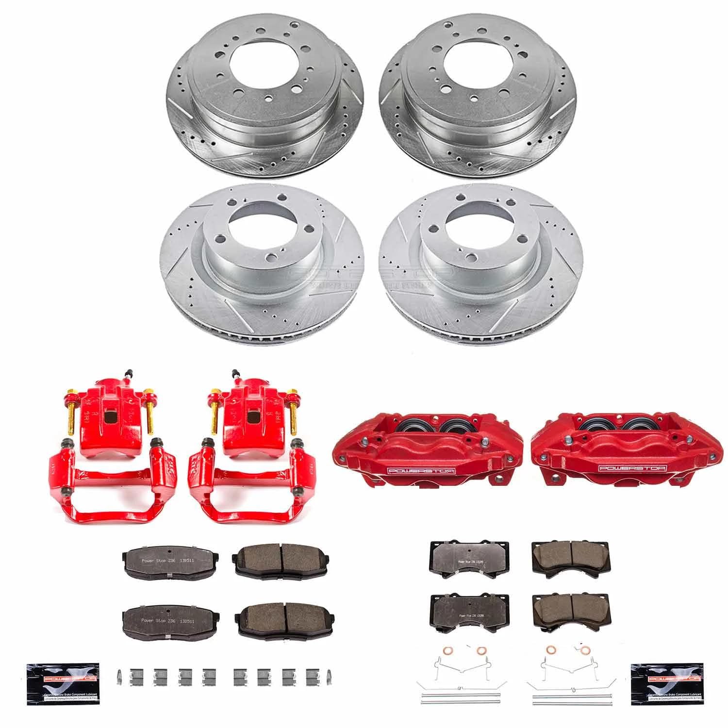 Power Stop Z36 KC2813A-36 Front and Rear Truck & Tow Carbon Fiber Ceramic Brake Pads with Drilled and Slotted Rotors and Red Calipers For 2007-2015 Toyota Tundra | 2008-2015 Toyota Sequoia