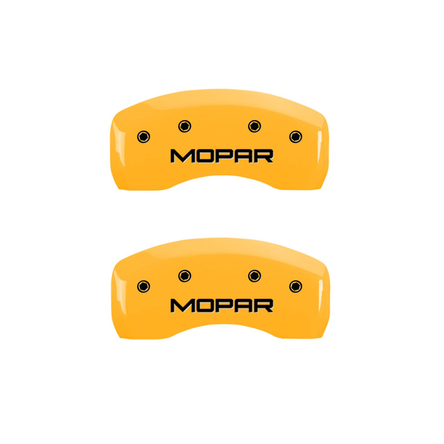 Caliper Covers MGP 42003SMOPYL Yellow (Set of 4, Engraved Front and Rear: MOPAR, Yellow powder coat finish, black characters)