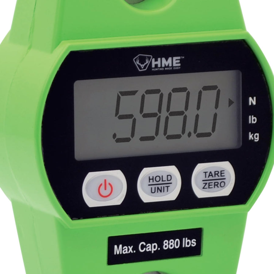 Durable HME Versatile Hunting Digital Hanging Scale w/Tare Function - 400 Kg/880 lb Max Weight, 2 Batteries Included, Iron Hook, Mode Function N/lb/kg