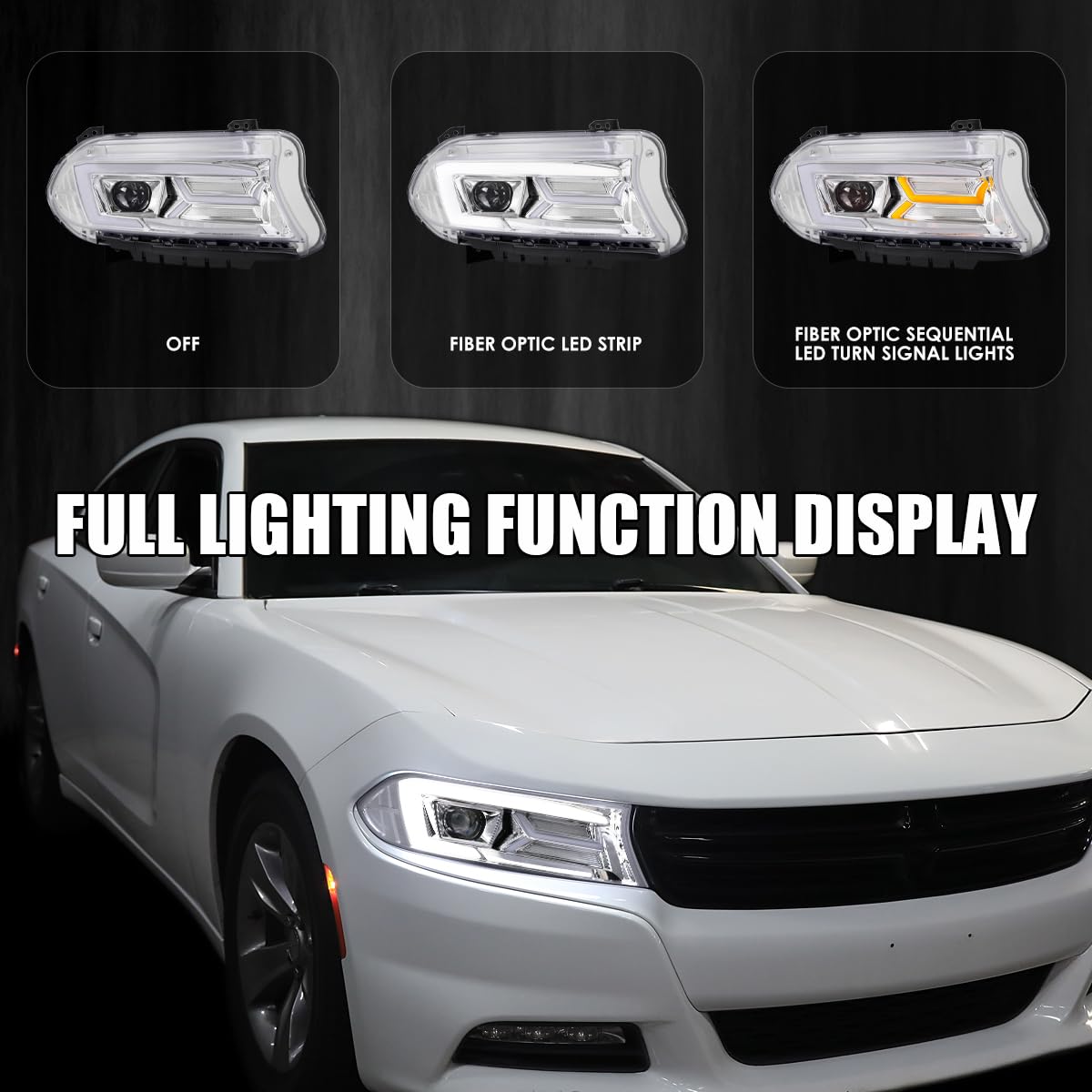 Chrome LED Projector Headlights w/Sequential Turn Signal SPEC-D TUNING Compatible with 2015-2023 Dodge Charger with factory halogen headlights