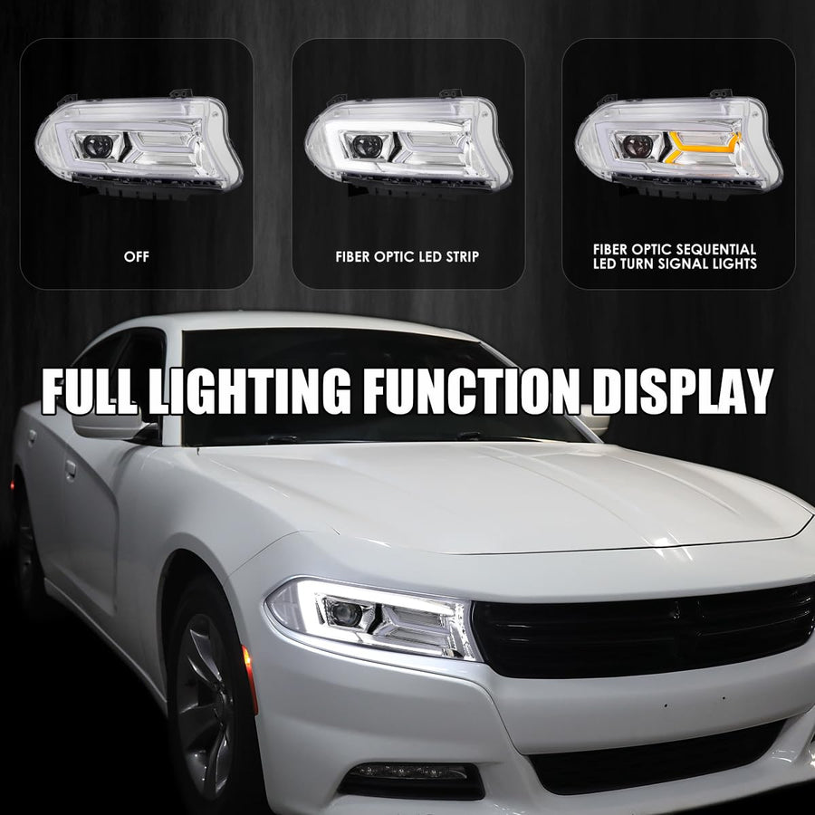 Chrome LED Projector Headlights w/Sequential Turn Signal SPEC-D TUNING Compatible with 2015-2023 Dodge Charger with factory halogen headlights