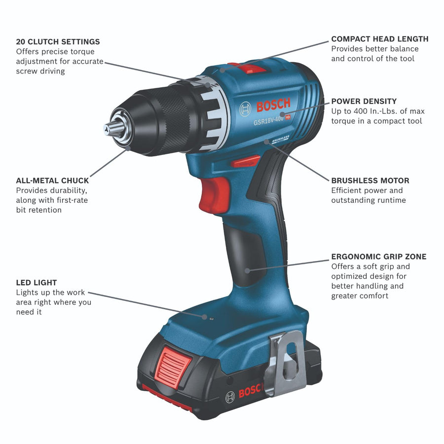 18V BOSCH GSR18V-400B22 Compact Brushless 1/2 In. Drill/Driver Kit with (2) 2 Ah Standard Batteries