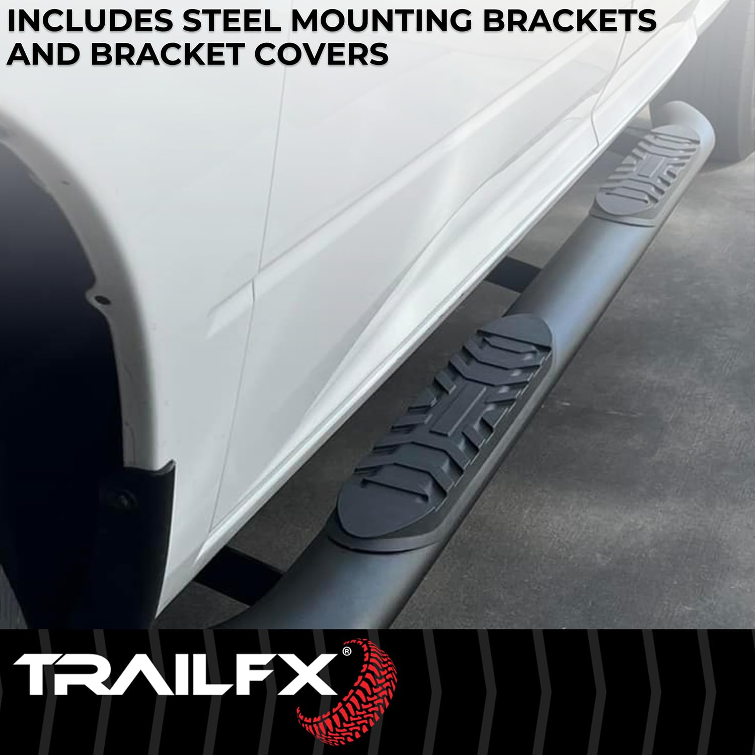 4 Inch TrailFX Oval Bent Nerf Bars with Step Pads Fits 2024–2025 Toyota Tacoma Matte Black Powder-Coated Steel, Welded End Caps Rocker Panel Mount, Bolt On Install A1019T