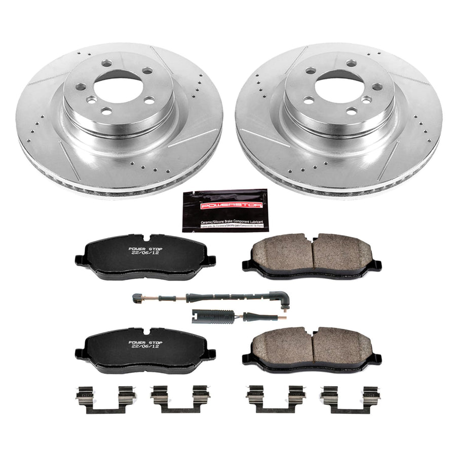 Power Stop K5419 Z23 Carbon Fiber Brake Pads Front with Drilled & Slotted Brake Rotors Kit and 1 Front Sensor Wire For Land Rover Range Rover 2006-2009 [Model Specific]