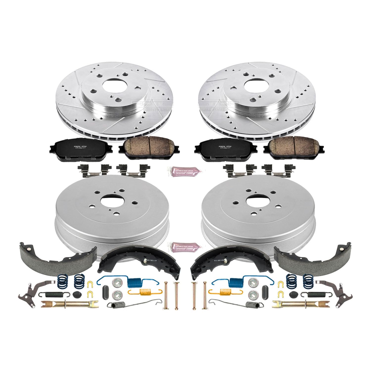 Power Stop K15230DK Z23 Carbon Fiber Brake Pads Front and Rear with Drilled & Slotted Brake Drums Kit For Toyota Sienna 2004-2010 [Model Specific]