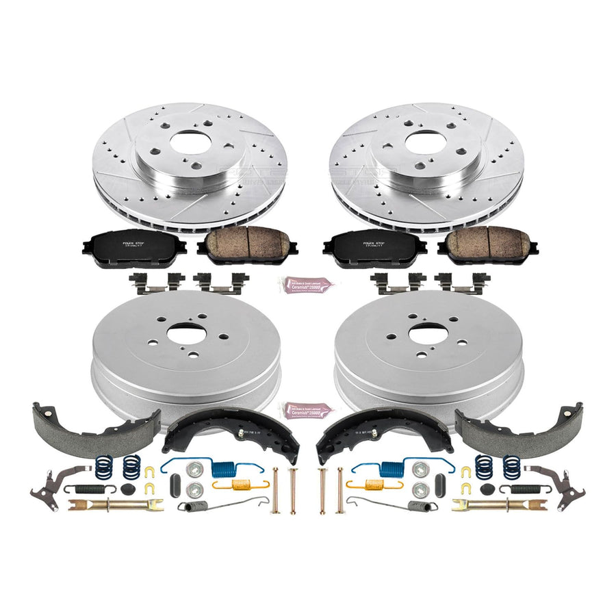 Power Stop K15230DK Z23 Carbon Fiber Brake Pads Front and Rear with Drilled & Slotted Brake Drums Kit For Toyota Sienna 2004-2010 [Model Specific]