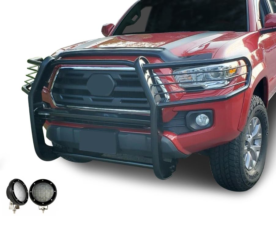 Bumper Guard Black Horse Grille Brush Modular Black Come with Pair of 5.3" Dia.LED Lights with Black Trim Rings Compatible with 2016-2023 Toyota Tacoma-17A096402MA-PLFB