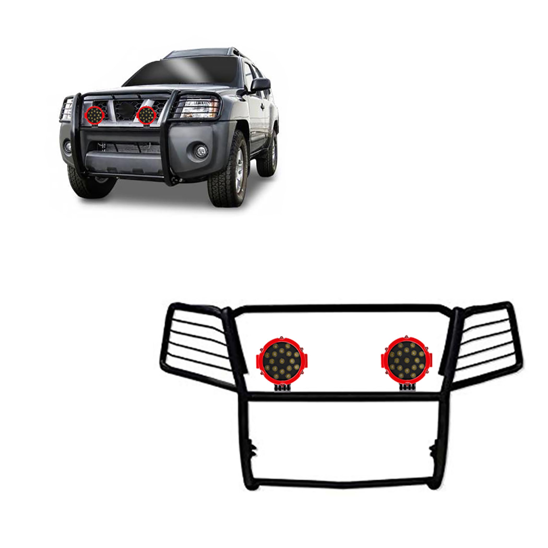 Grille Brush Black Horse Bumper Guard Modular Black Come with Pair of 7.0" Dia.LED Lights with Red Trim Rings Compatible with 2005-2015 Nissan Xterra-17A112100MA-PLR