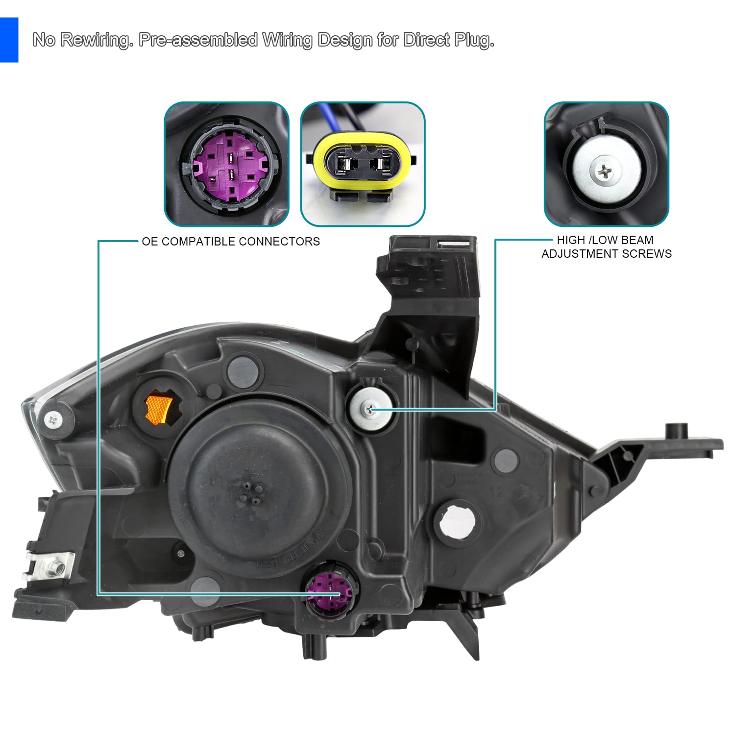 Smoke Projector Headlights SPEC-D TUNING Compatible with 2013-2016 Dodge Dart Factory Halogen, Left+Right Headlamps Assembly