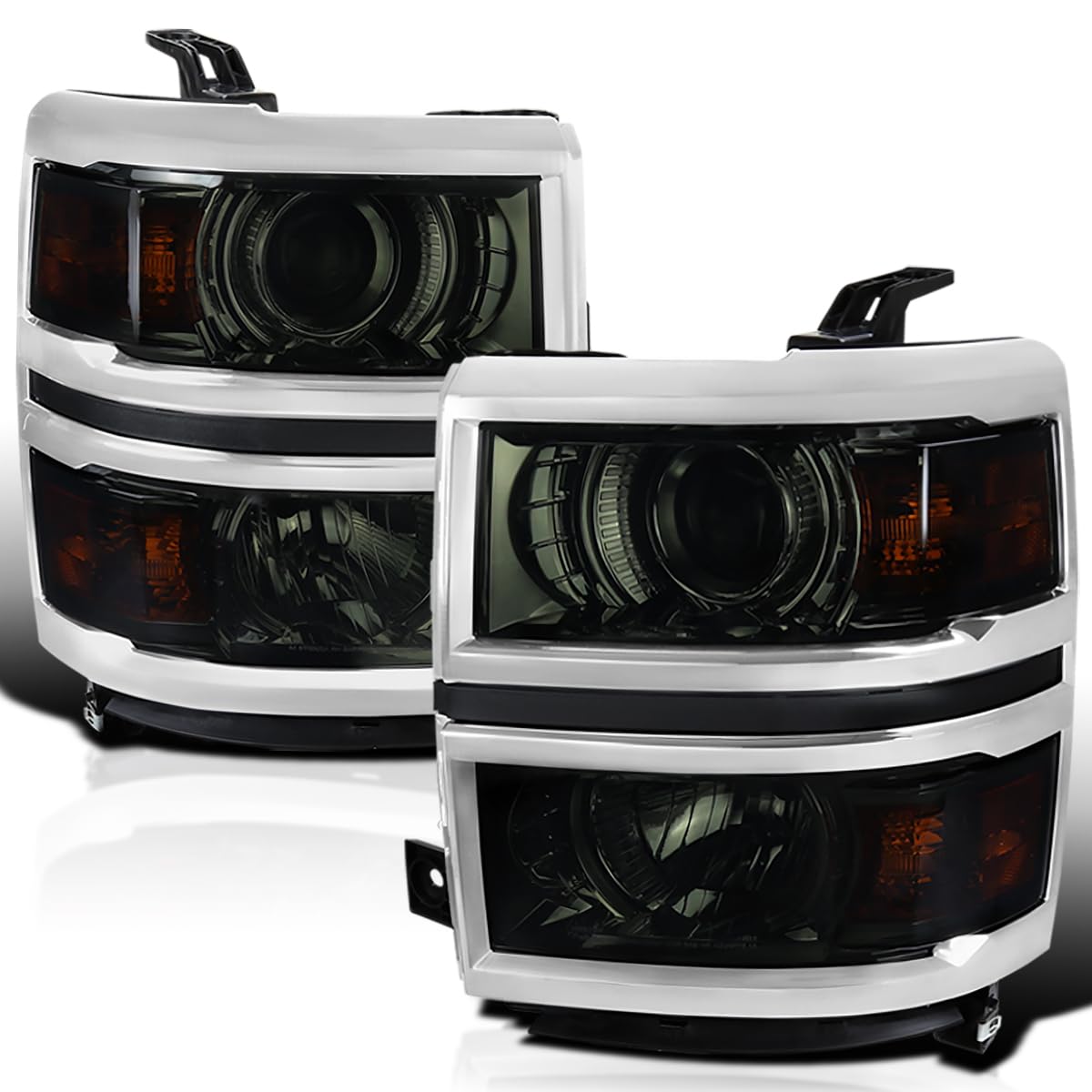 Smoke Projector Headlights w/Silver Trim SPEC-D TUNING Compatible with 2014-2015 Chevy Silverado 1500, Left + Right Pair Headlamps Assembly