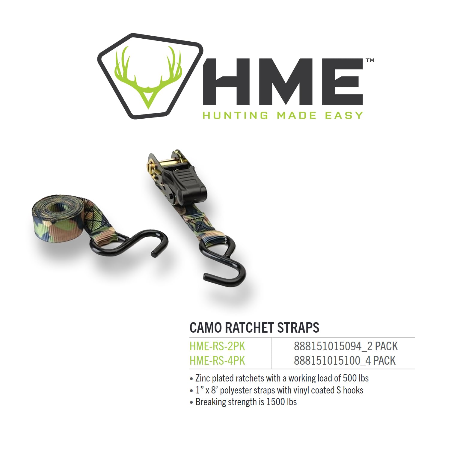 HME Reliable Durable Versatile Weather-Resistant Camouflage Ratchet 1500 lb Capacity 1' x 8' Tie-Down Straps - 2 Pack