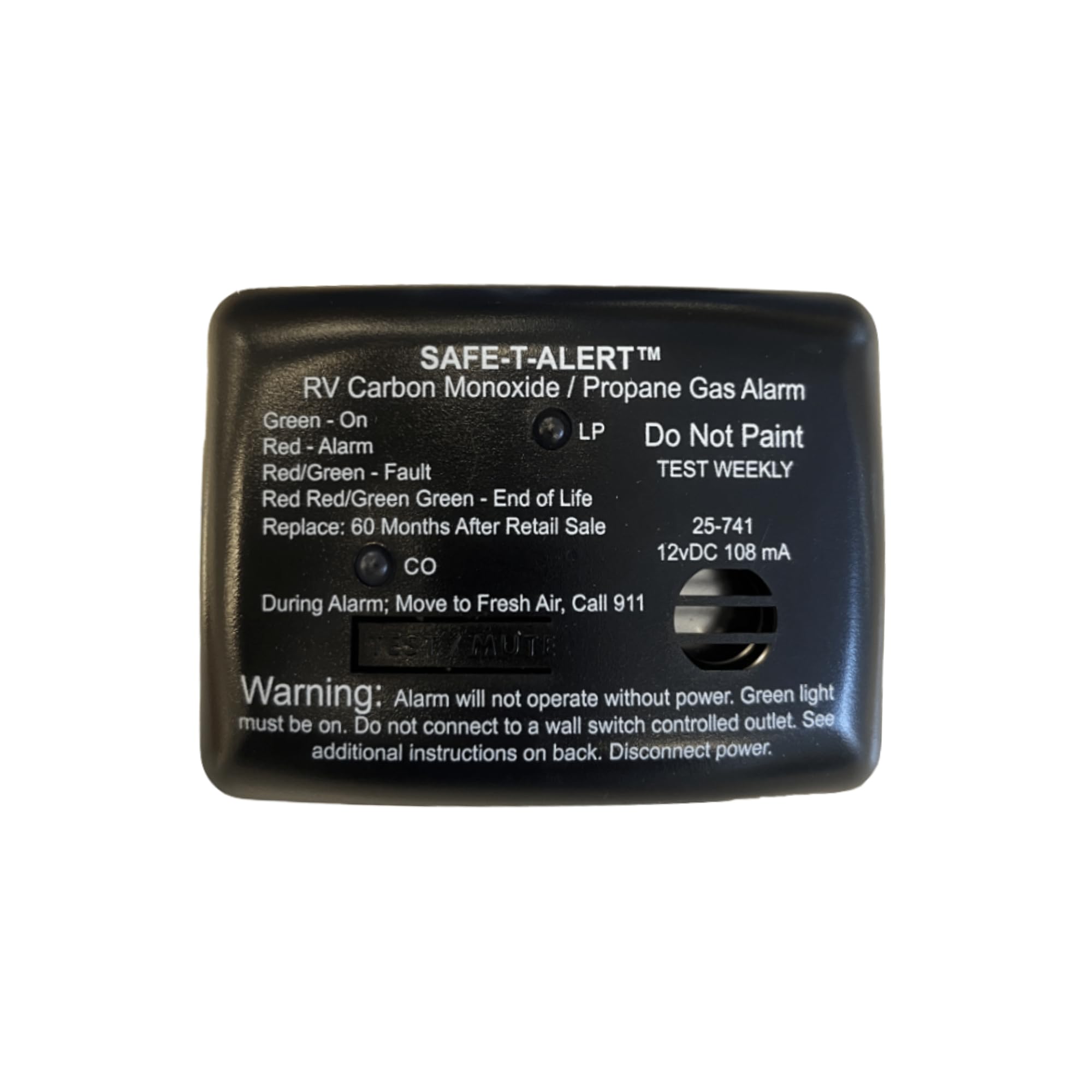 25 Series Safe T Alert Mini Dual LP/CO Alarm - Propane and Carbon Monoxide Alarm - Surface Mount, Black - 25-741-BL
