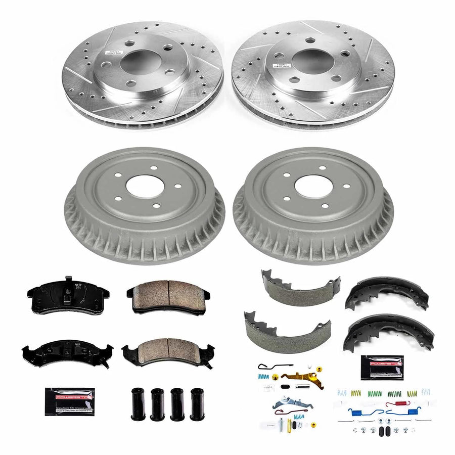 Power Stop K15440DK Z23 Carbon Fiber Brake Pads Front and Rear with Drilled & Slotted Brake Drums Kit For Chevrolet Camaro 1993, Pontiac Firebird 1993 [Model Specific]