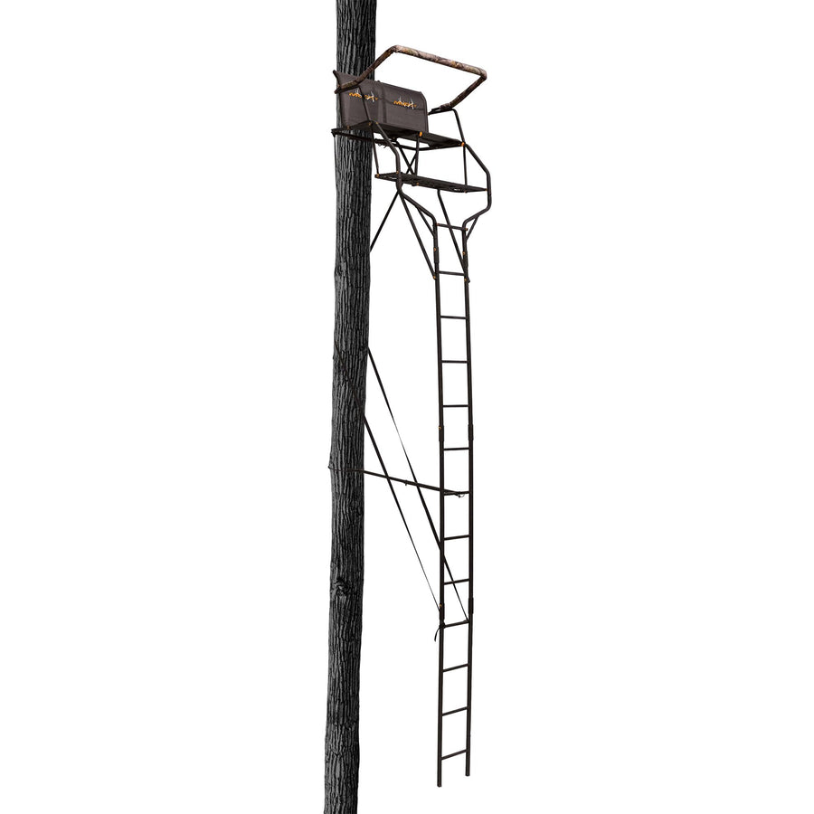 Double Droptine MUDDY Deer Hunting Ladderstand, 2 Person Climbing Tree Stand with Flex-Tek Seat and Padded Adjustable Shooting Rail