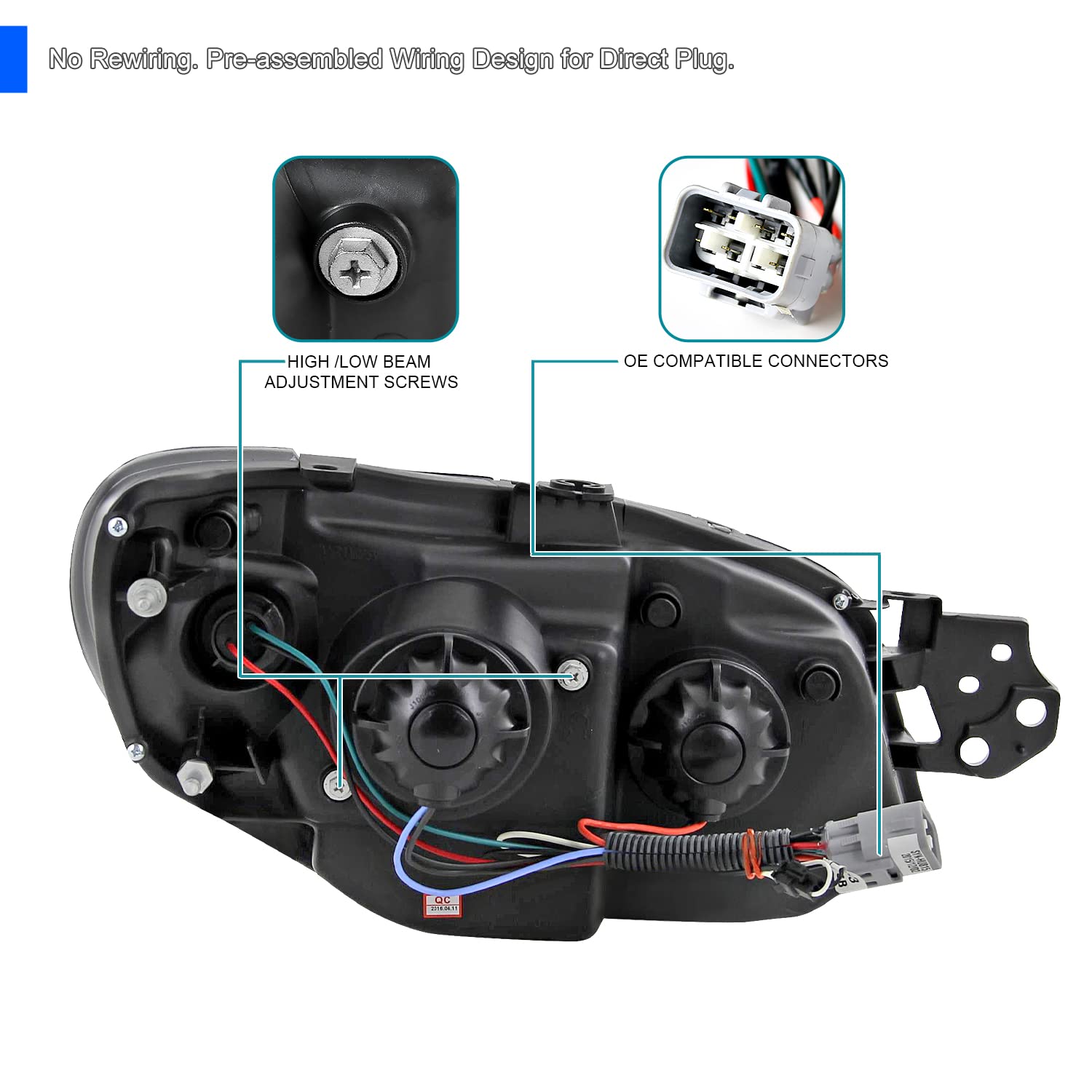 Black Projector Headlights w/LED Strip SPEC-D TUNING Compatible with 2006-2007 Subaru Impreza WRX, Left + Right Pair Headlamps Assembly