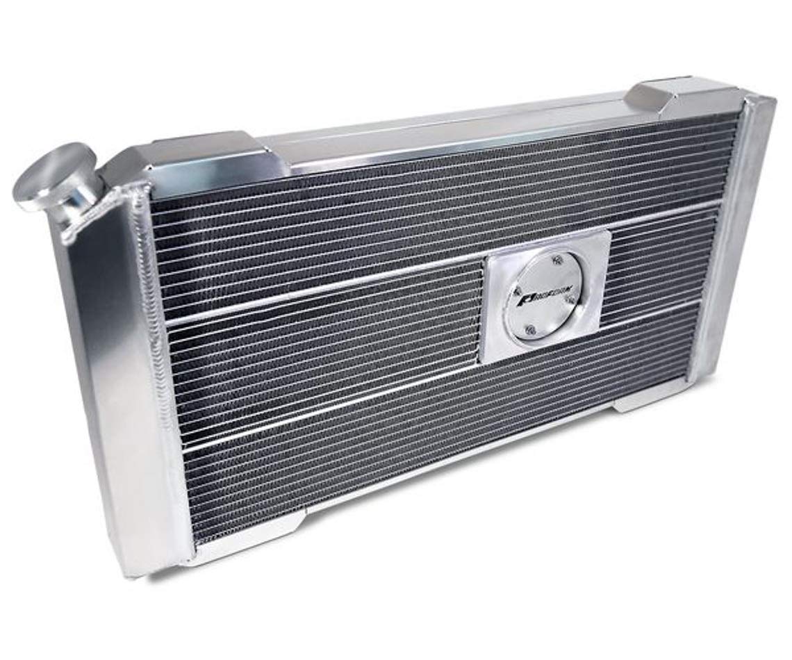 Slim-Fit Radiator, Direct Fit Series, 32-7/64 in W x 16-51/64 in H x 4 in D, Single Pass, Driver Side Inlet, Passenger Side Outlet, Aluminum, Natural, Small Block Chevy, Automatic Transmission