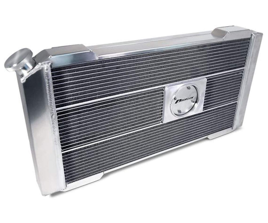Slim-Fit Radiator, Direct Fit Series, 32-7/64 in W x 16-51/64 in H x 4 in D, Single Pass, Driver Side Inlet, Passenger Side Outlet, Aluminum, Natural, Small Block Chevy, Automatic Transmission