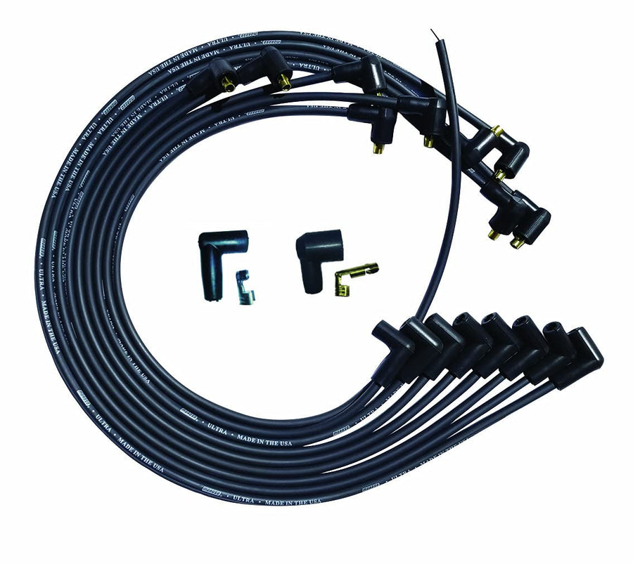 Moroso Ultra Series 51029 Black Spark Plug Wires, Small Block Chevy, Under Header Routing, 90 Degree Plug Ends, Non HEI Distributor