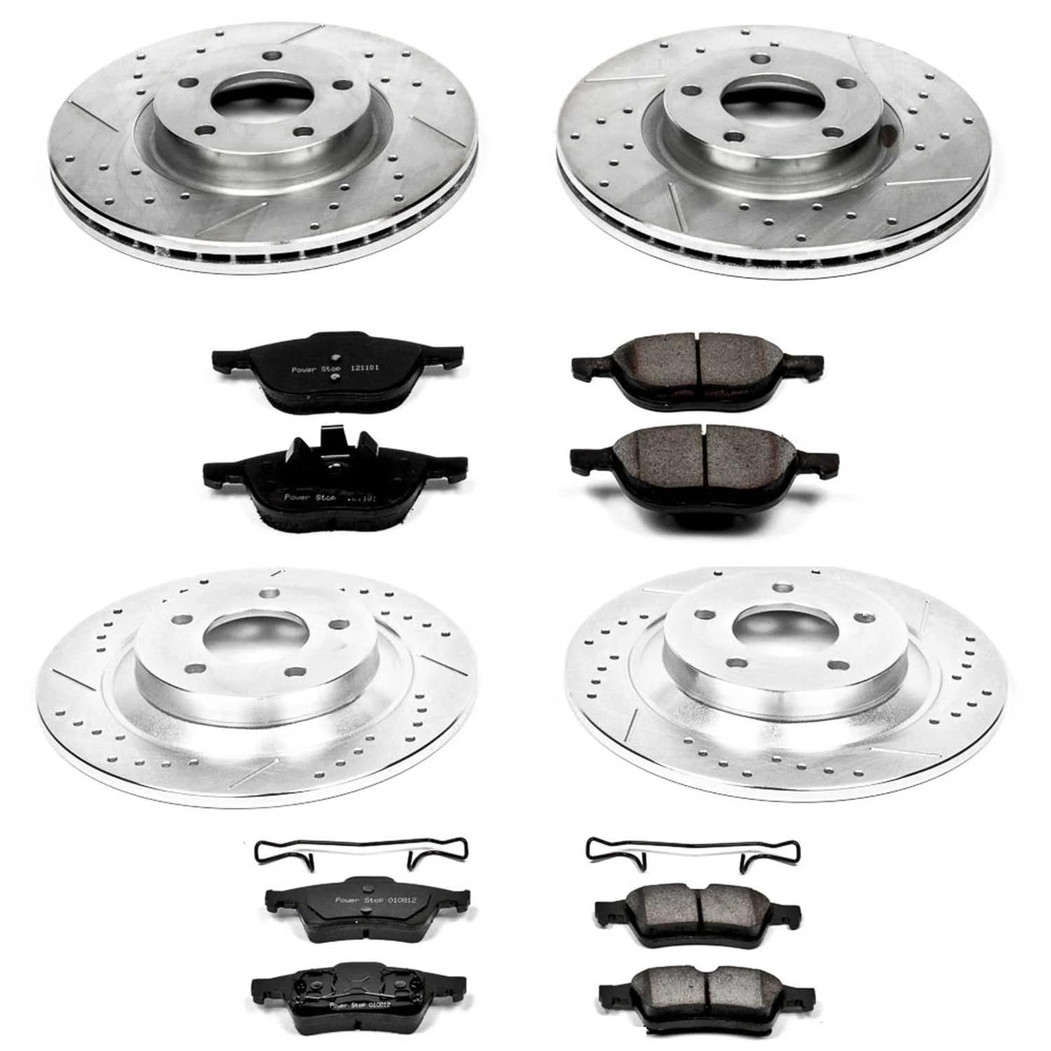 Power Stop K4494 Z23 Carbon Fiber Brake Pads Front and Rear with Drilled & Slotted Brake Rotors Kit For Mazda 5 2006-2007 [Model Specific]