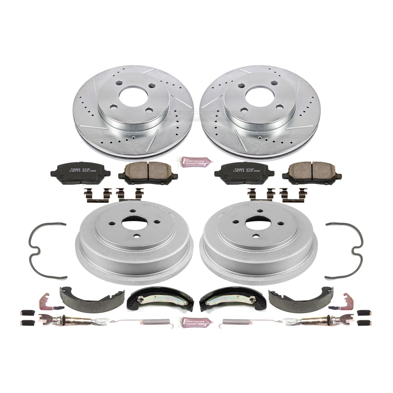 Power Stop K15224DK Z23 Carbon Fiber Brake Pads Front and Rear with Drilled & Slotted Brake Drums Kit For Saturn Ion 2003-2004 [Model Specific]