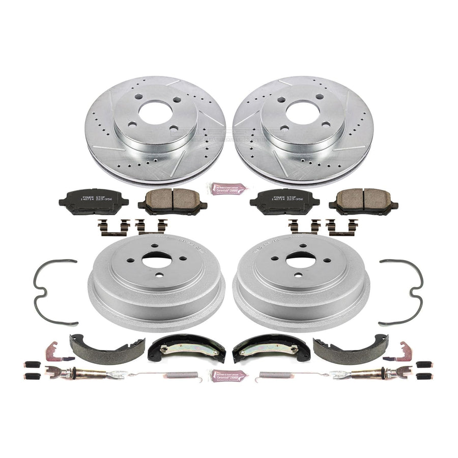 Power Stop K15224DK Z23 Carbon Fiber Brake Pads Front and Rear with Drilled & Slotted Brake Drums Kit For Saturn Ion 2003-2004 [Model Specific]